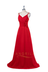 Red A-Line Long Bridesmaid Dresses with Flowers