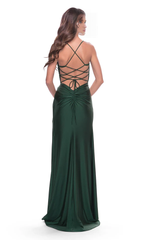 Square neckline sleeveless tight corset with hollowed out side slits and floor length evening dress