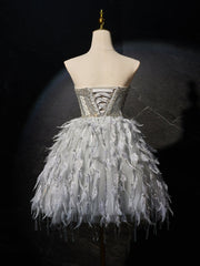 Gray Sweetheart Neck Tulle Beads Feather Short Prom Dress, Cute Gray Homecoming Dress