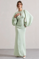 Bubble sleeve hollow round neck and floor length evening dress - Jimiss dress