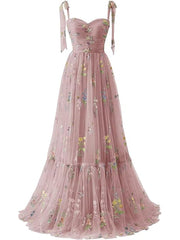 A-line Sleeves Straps Embroidery Tulle Prom Dress