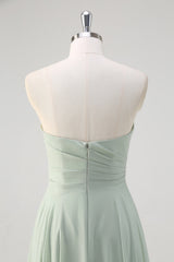 A-Line Matcha Ruched Sweetheart Chiffon Long Bridesmaid Dress