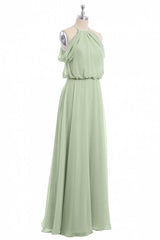 Salie groene chiffon halter blouson-stijl lange bruidsmeisje jurk