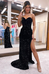 Red Sequin Sweetheart Mermaid Long Prom Dress with Slit