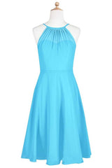 Zwembad blauw chiffon halter korte bruidsmeisje jurk