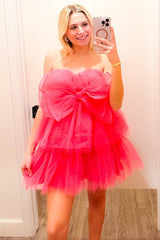 Hot Pink Strapless A-Line Homecoming Dress with Bow