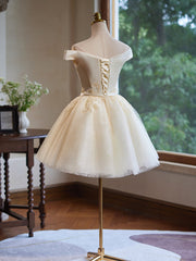 A-Line Off Shoulder Satin Lace Short Prom Dress, Champagne Homecoming Dress