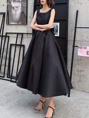 Black satin tea length prom dress black satin evening dress