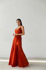 Jimiss slim shoulder strap V-neck side slit and floor length Prom dress