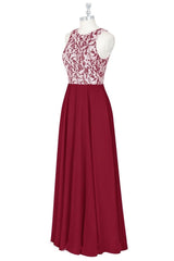 Red Print Crew Neck Sleeveless A-Line Long Bridesmaid Dress