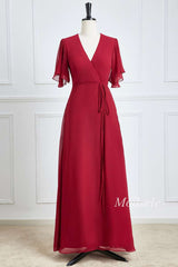 Wine Red Chiffon Surplice Neck A-Line Long Bridesmaid Dress