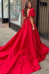 Two-Piece Green Puff Sleeve Tie-Back Long Prom Dress
