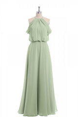Salie groene chiffon halter blouson-stijl lange bruidsmeisje jurk