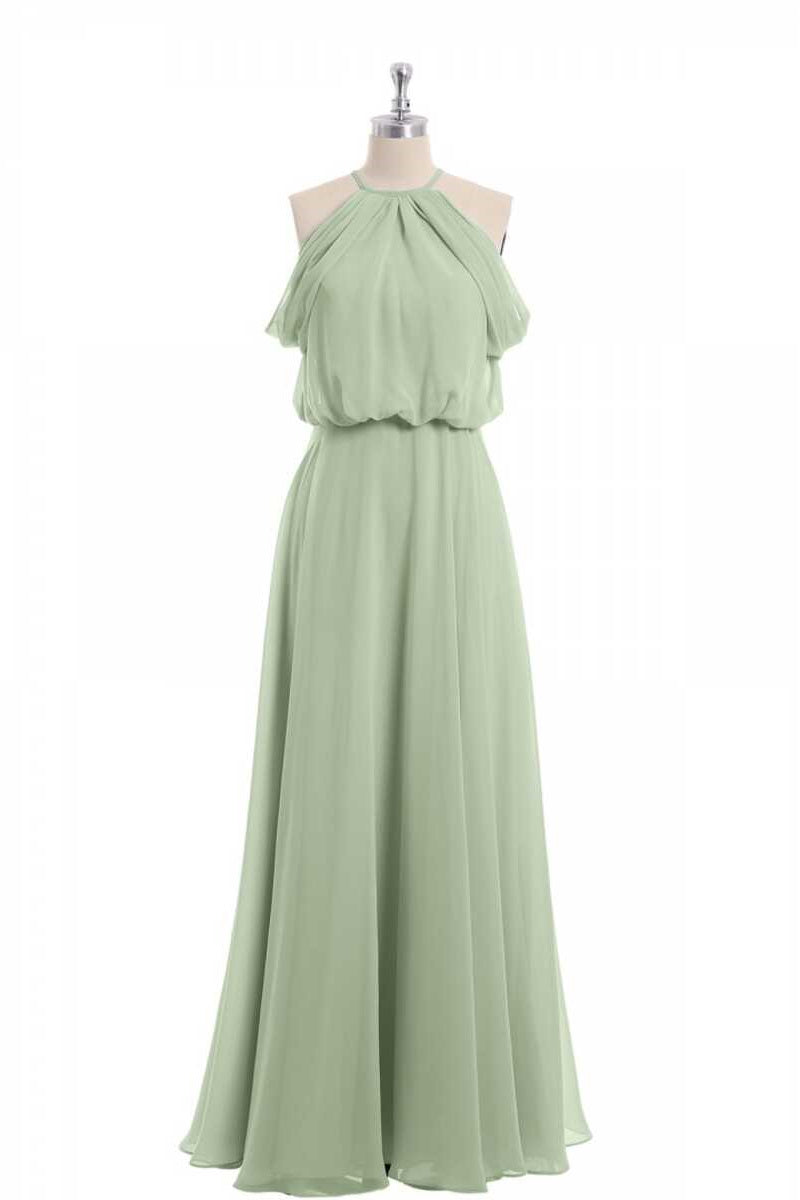 Salie groene chiffon halter blouson-stijl lange bruidsmeisje jurk