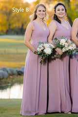 Mismatched Mauve Chiffon V Neck Long Bridesmaid Dress