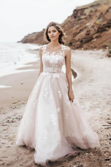 A Line Vintage Lace Scoop Neckline Tulle Wedding Bridal Dress Wedding Dresses
