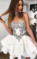 A-Line Round Neck Short White Tiered Homecoming Dress with Appliques