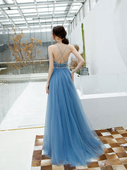 Blue backless tulle long prom dress, blue tulle formal dress