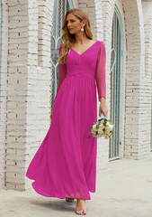 A-line V Neck FullLong Sleeve Ankle-Length Chiffon Mother of the Bride Dress With Pleated Pure Color