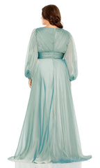 A-line V-neck long sleeved high waisted pleated shirt body Prom dress