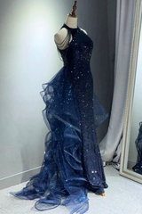 Dark Navy Halter Mermaid Sequins Long Formal Party Dresses Evening Gown, HZ0319