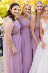 Mismatched Mauve Chiffon V Neck Long Bridesmaid Dress