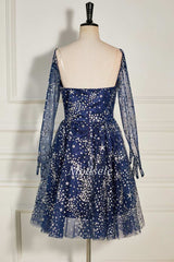 Sequin Tulle Strapless A-Line Homecoming Dress with Detachable Sleeves