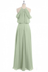 Salie groene chiffon halter blouson-stijl lange bruidsmeisje jurk