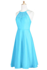 Pool Blue Halter Spaghetti Straps Short Bridesmaid Dress