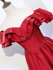 Simple  off shoulder satin long prom dress, burgundy evening dress