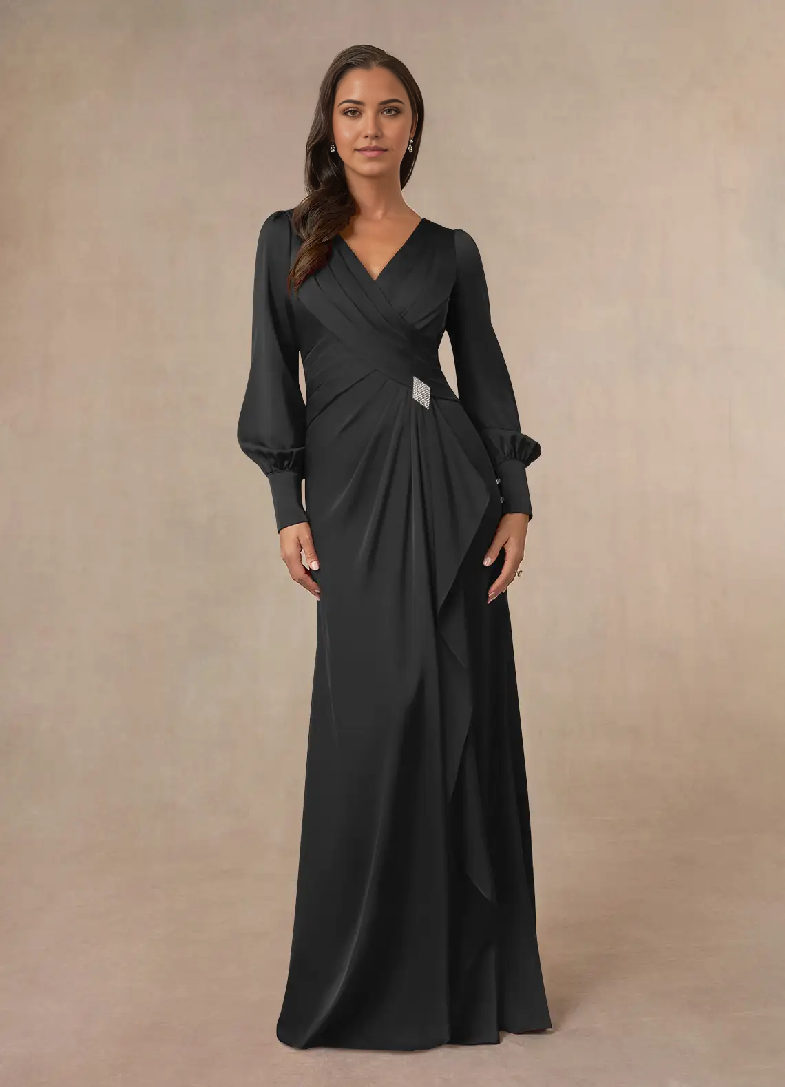 Mermaid V-Neck Pleated Long Sleeve Black formal dresses evening dress Mother of the Bride Dresses