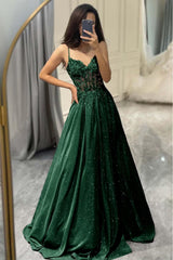 Satin Prom Dresses Long Spaghetti Straps Lace Applique Evening Party Gowns