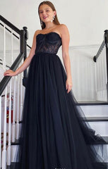 Strapless Black Prom Dresses Long, Sexy Graduation School Party Gown