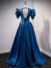 Blue Satin Simple V-neckline Prom Dress, Blue Evening Dress Bridesmaid Dress