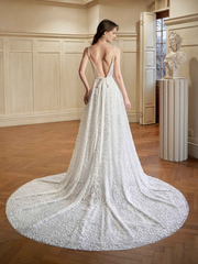 Grey white A-line thin shoulder strap V-neck extra long lace wedding dress