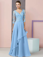 A-Line Mother of the Bride Dress Formal Wedding Guest Vintage Elegant V Neck Floor Length Chiffon Lace Half Sleeve with Beading Sequin Appliques