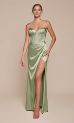 Jimiss off shoulder satin thin shoulder strap tight corset with side slit and floor length Prom dress