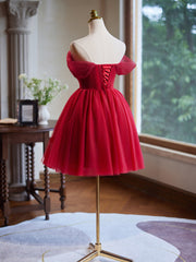 A-Line Off Shoulder V Neck Tulle Burgundy Short Prom Dress with Beads