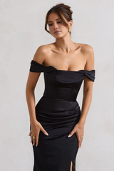 Off shoulder collar satin side slit and floor length evening dress - jimiss dress