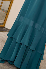 Groenblauw Flaunt-mouwen A-lijnlagen Lange bruidsmeisje jurk
