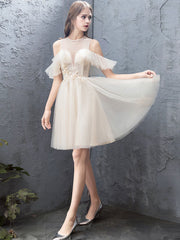 Cute champagne tulle short prom dress, tulle homecoming dress