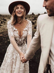 Romantic A-line Wedding Dresses With Long Sleeves Lace Bridal Gowns Elegant