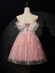 Pink A-Line Tulle Lace Short Prom Dress, Pink Cocktail Dress