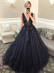 Beaded Appliques Dark Navy V Neck Open Back Lace Long Prom Dress