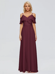 Thin shoulder strap ruffled chiffon and floor length bridesmaid dress