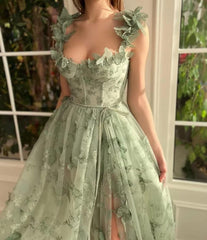 Long Tulle Prom Dress with 3D Butterflies Floor Length Formal Evening Party Gowns for Women Lace Applique