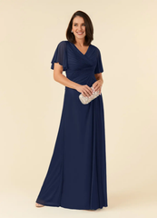 A-line V-neck pleated mesh and floor length mother of the bride dress