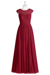 Wine Red Crew Neck Cap Sleeve Long Bridesmaid Dress with Slit