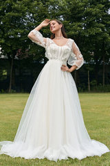 Ivory Puff Sleeves Corset Wedding Dress with 3D Flowers Sweep/Brush Train Dresses