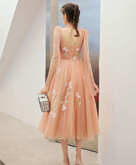 Pink tulle lace applique short prom dress, pink homecoming dress